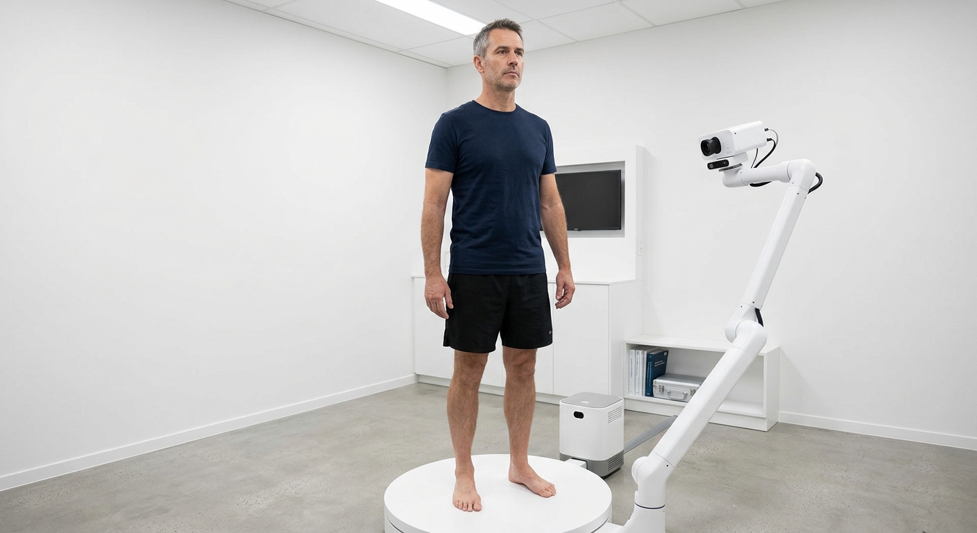 Man standing on a platform while a robotic arm takes a 3D body scan to track body contouring progress