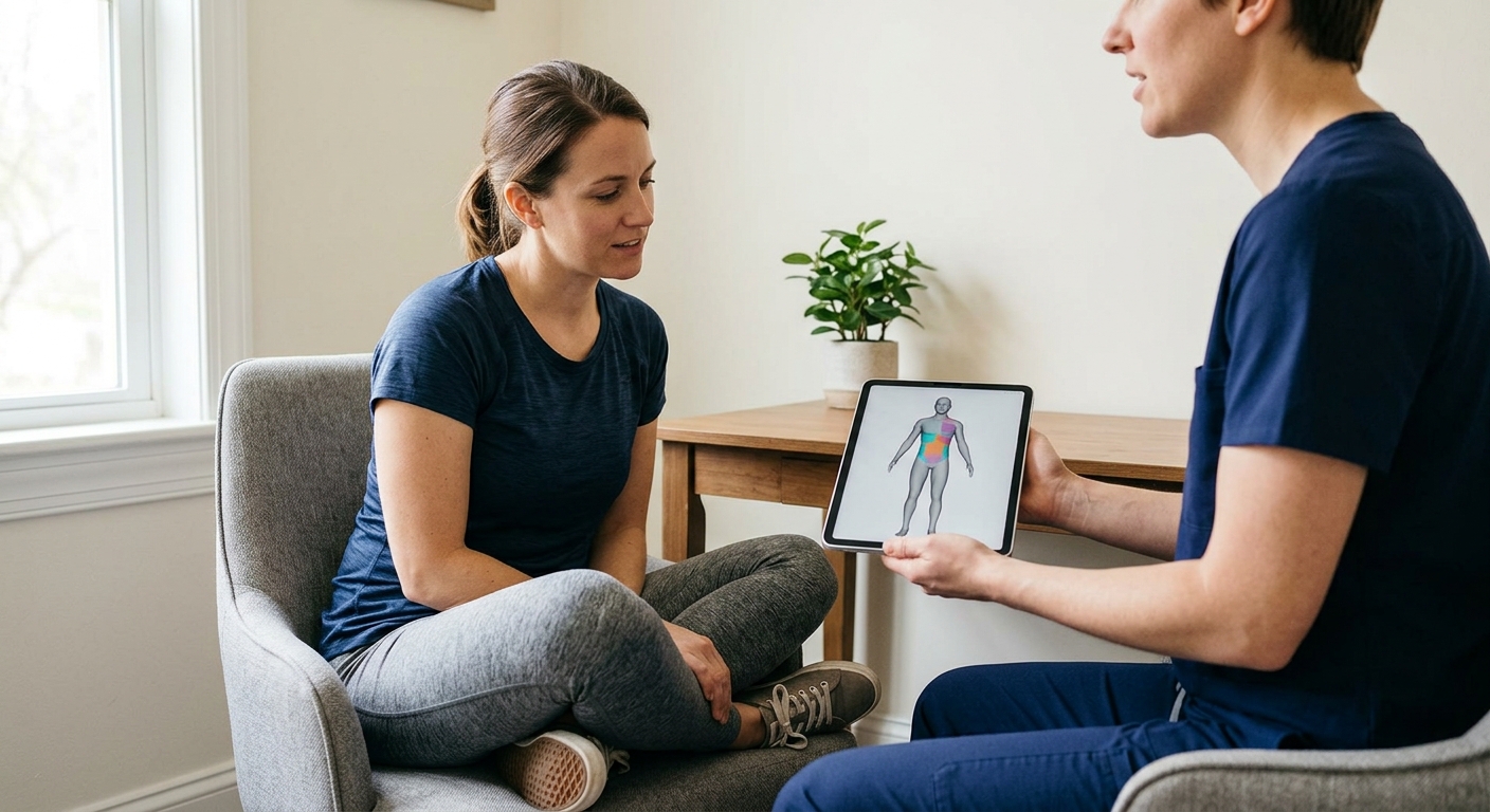 Client reviewing a 3D body composition model with a provider during a body contouring consultation in Andover