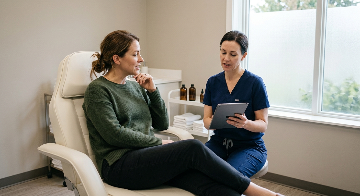 Client talking with a nurse injector about Botox and filler options during an injectables consultation in Andover, MA