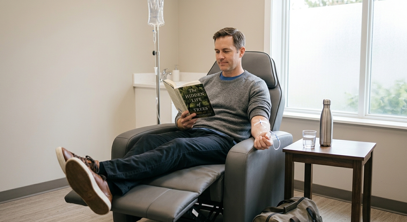 Man relaxing in a treatment chair during IV vitamin therapy at a med spa in Andover