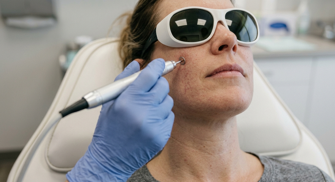 Laser handpiece treating small red facial veins beside the nose