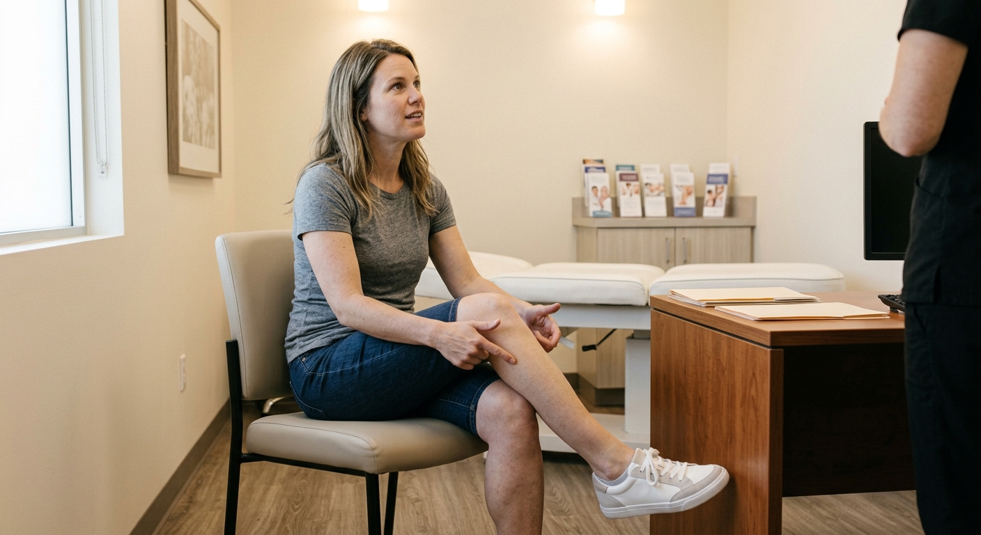 Woman pointing to her lower leg while discussing spider vein treatment in Andover