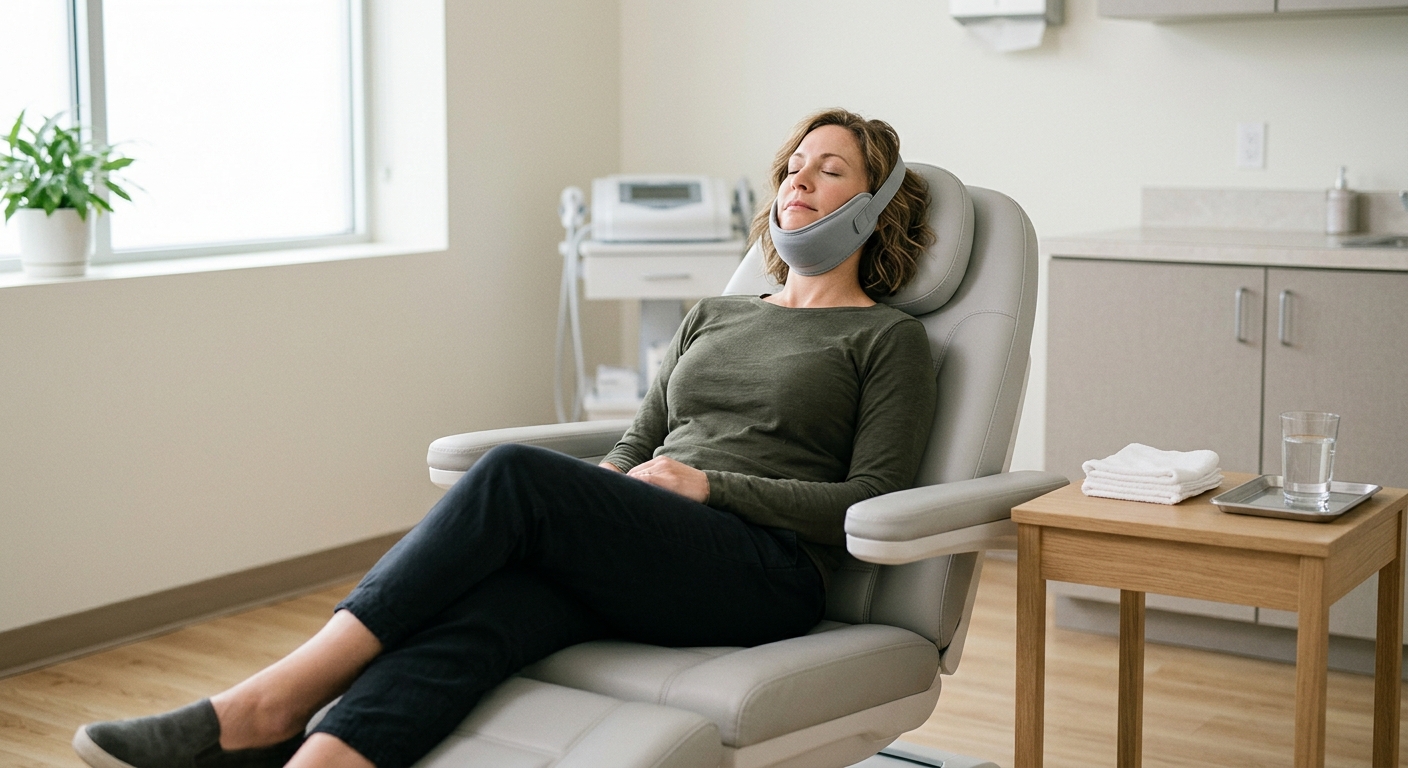 Woman receiving hands-free nonsurgical skin tightening along her jawline at a med spa in Andover, MA
