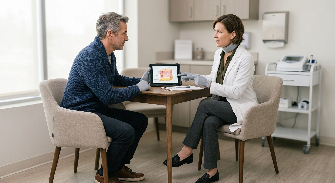 Man talking through nonsurgical skin tightening options during a consultation in Andover