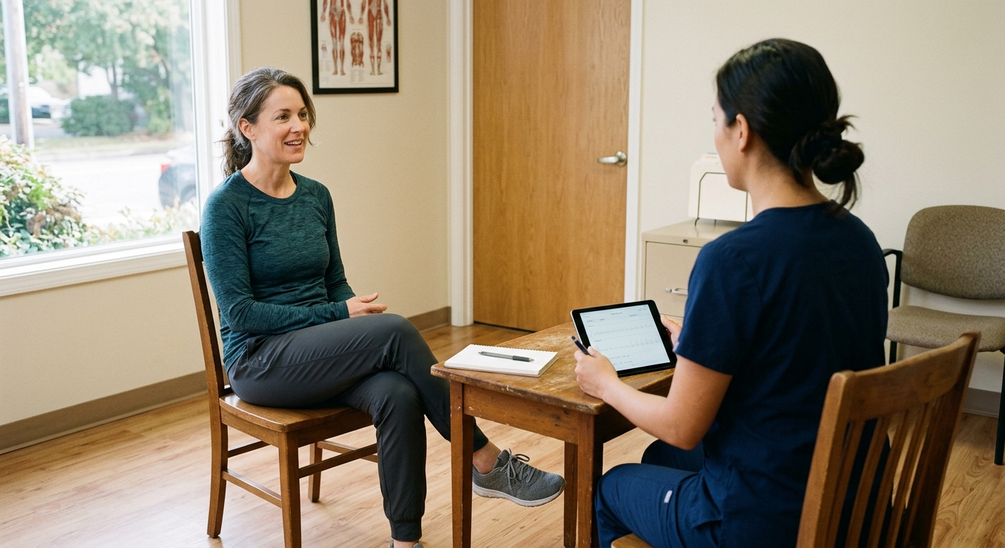Client talking with a clinician about peptide therapy during a consultation in Andover, MA
