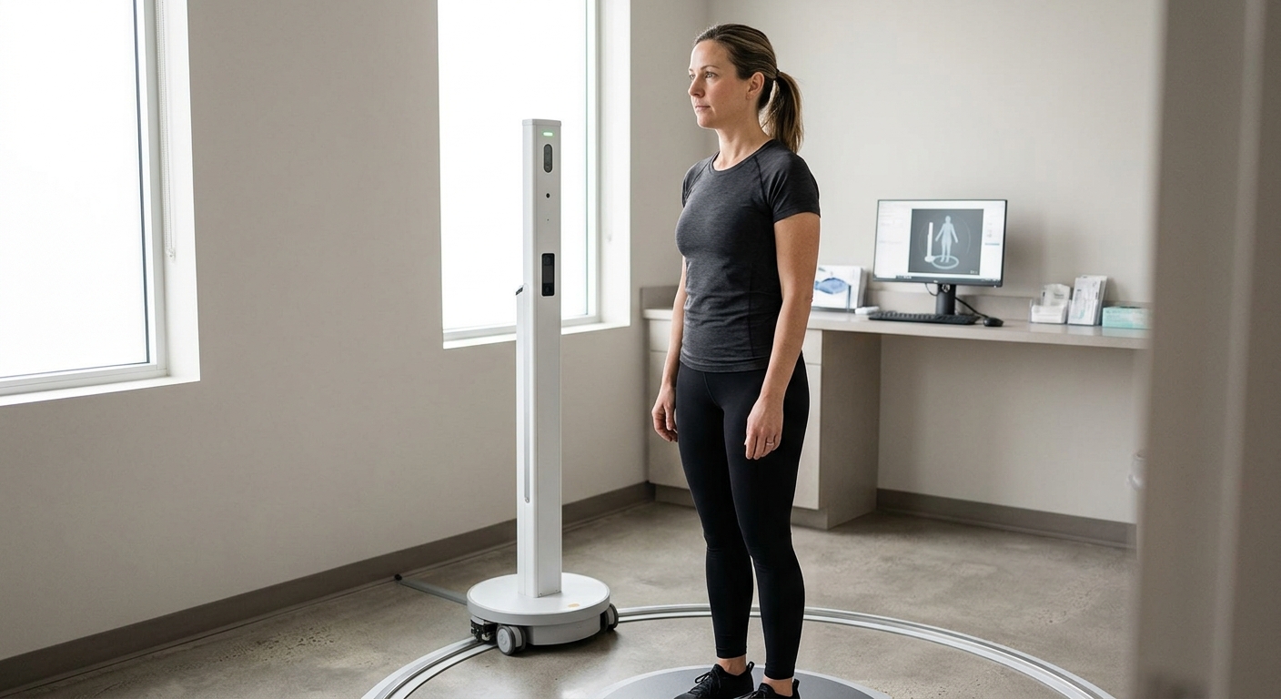 Woman standing still on a 3D body scan platform while a scanner arm circles her in Andover