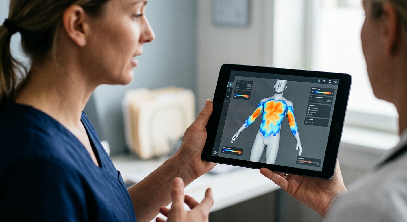 Tablet showing a 3D body model with a heat map of fat and muscle change after a body composition scan