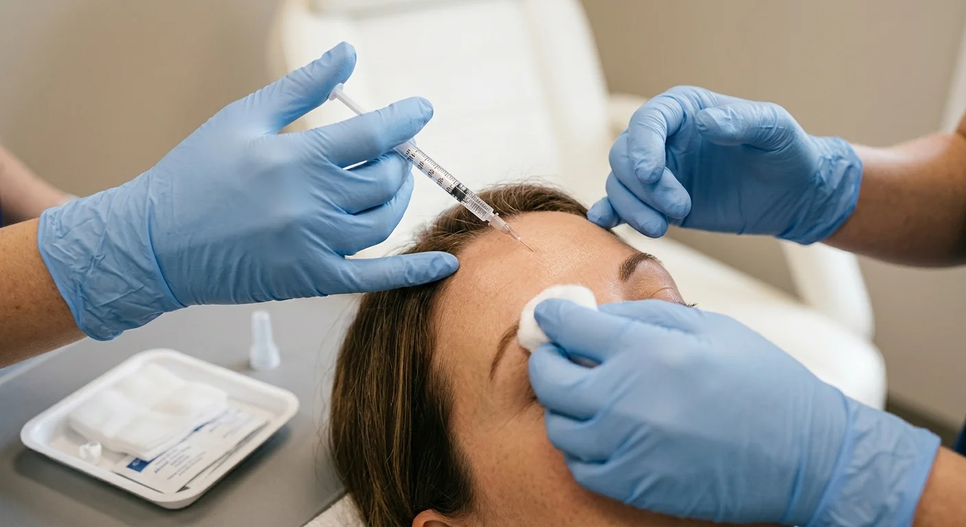 Nurse injector giving a small Botox injection to a client's forehead